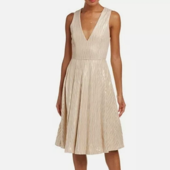 ALICE + OLIVIA Plunge Neckline Midi Beige-Gold Dress New with Tags - US4 - Picture 2 of 12